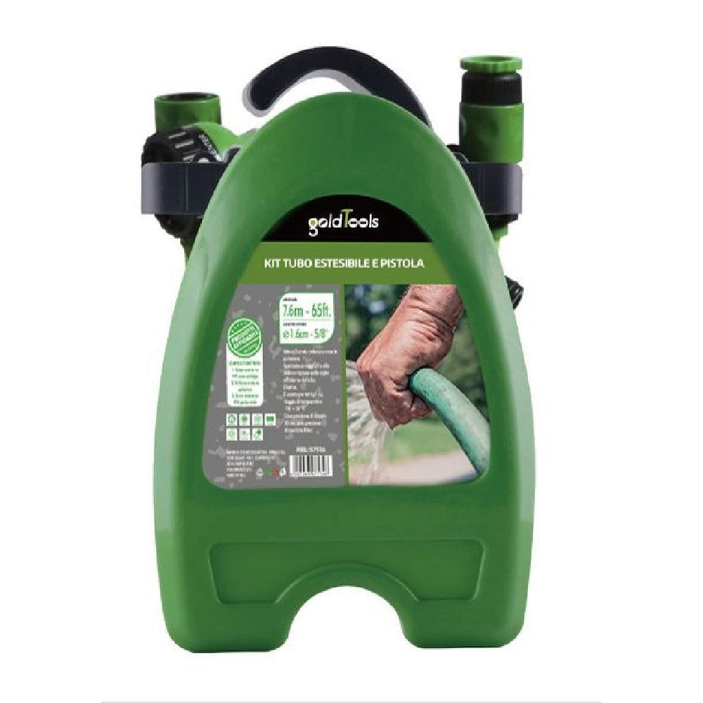 Trade Shop - Kit Tubo Estensibile Avvolgibile 7.6mt Pistola Irrigazione Giardino Staffa 57516 -