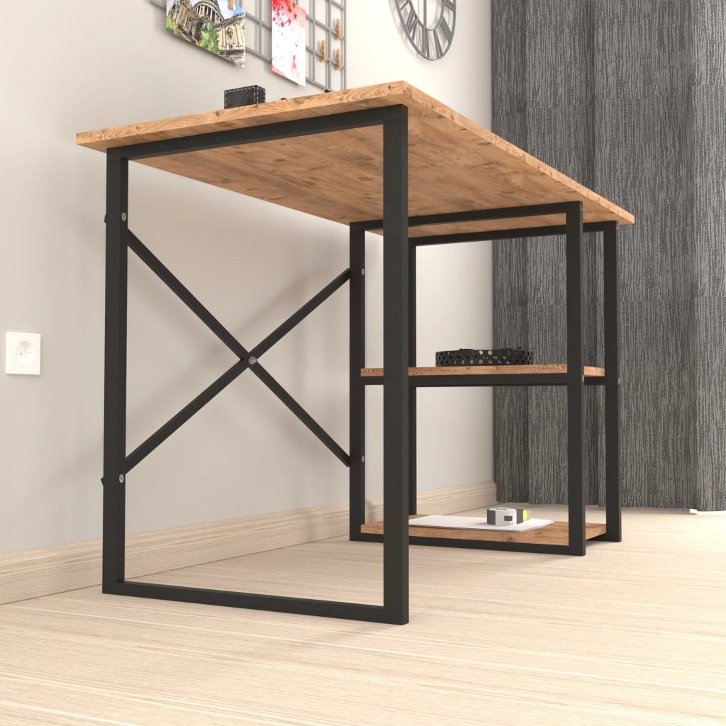 Scrivania 'Nittedal' con 2 Ripiani Laterali Tavolo da Studio con Telaio in Metallo Nero e Piani in Effetto Rovere [en.casa]