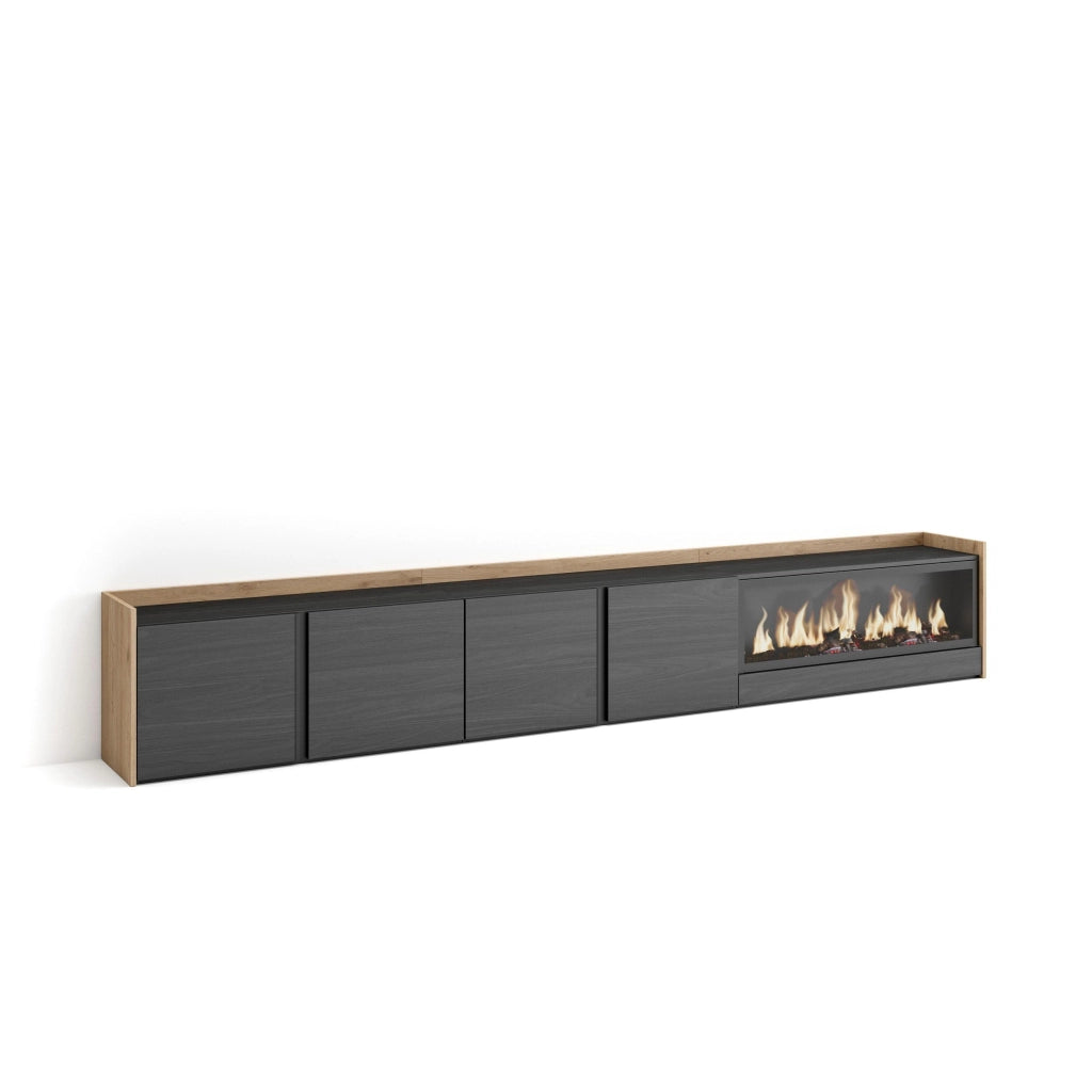 Mobile TV Soggiorno, 315x50x35 cm, Per TV fino a 80", Camino elettrico XXL, Nero e rovere