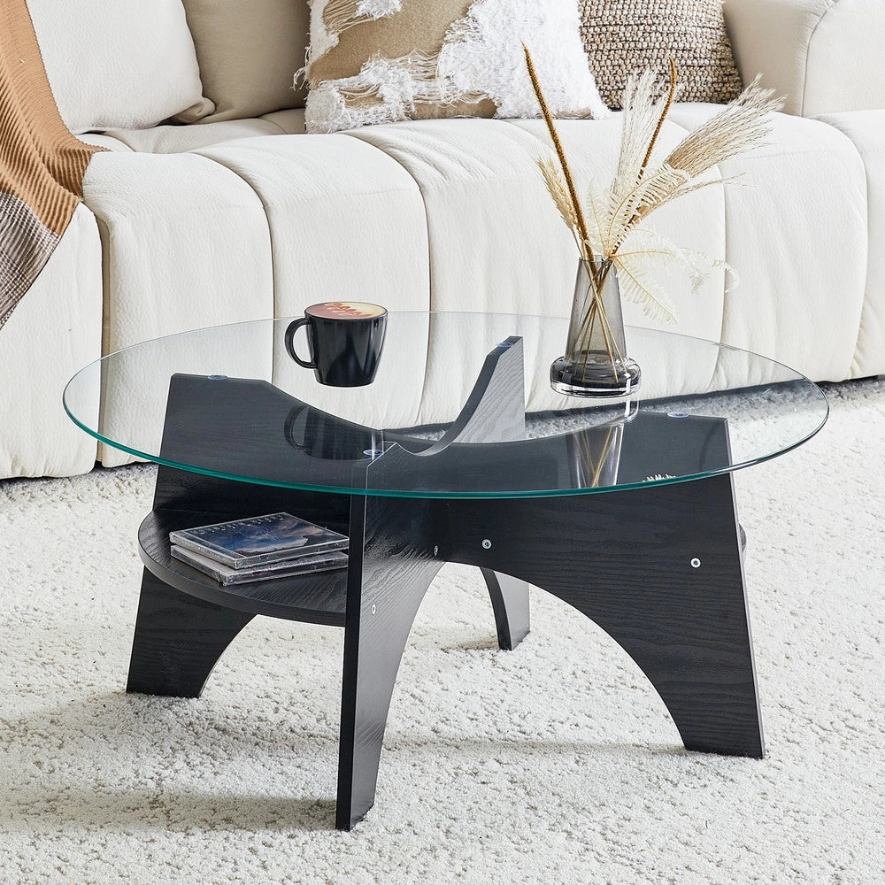 Tavolino Rotondo in Vetro Temperato ¨C MINIMAL ¨C Piano ?80 cm, Gambe MDF Nero