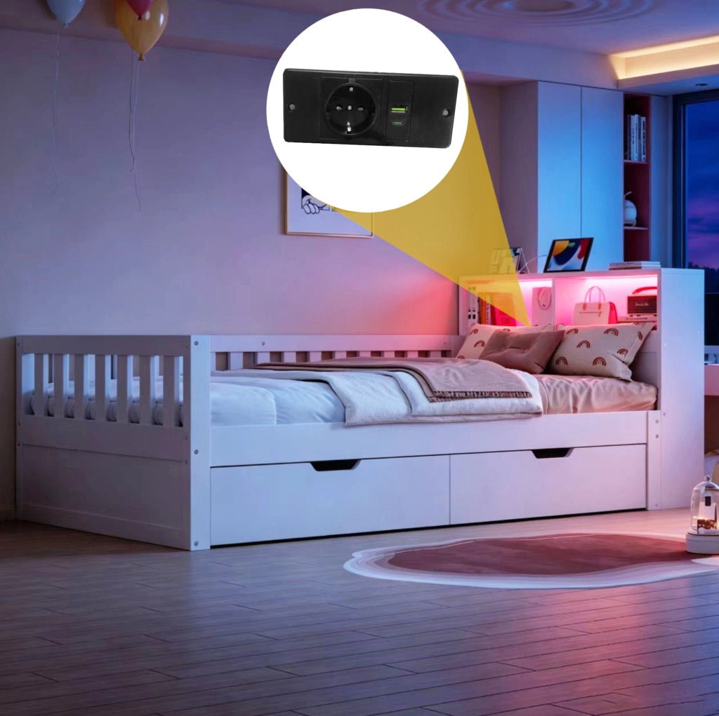 Letto multifunzione 90x200 cm con divano a L; cassetti; LED e prese
