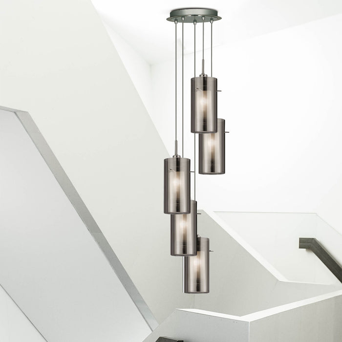 Lampadario Contemporaneo Duo 2 Acciaio Argento Cromo 5 Luci E14