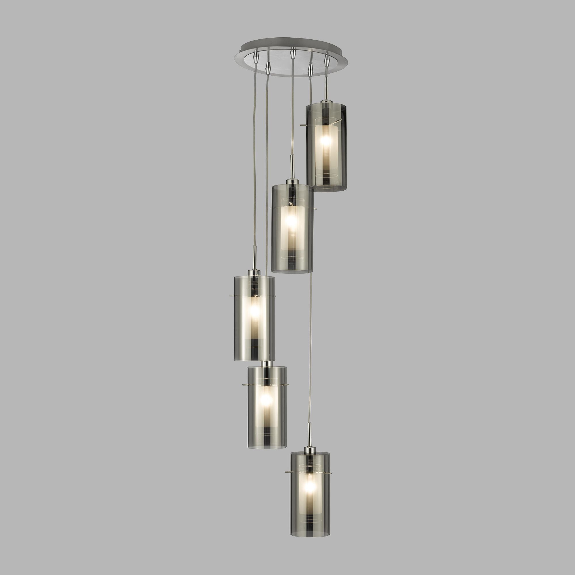 Lampadario Contemporaneo Duo 2 Acciaio Argento Cromo 5 Luci E14