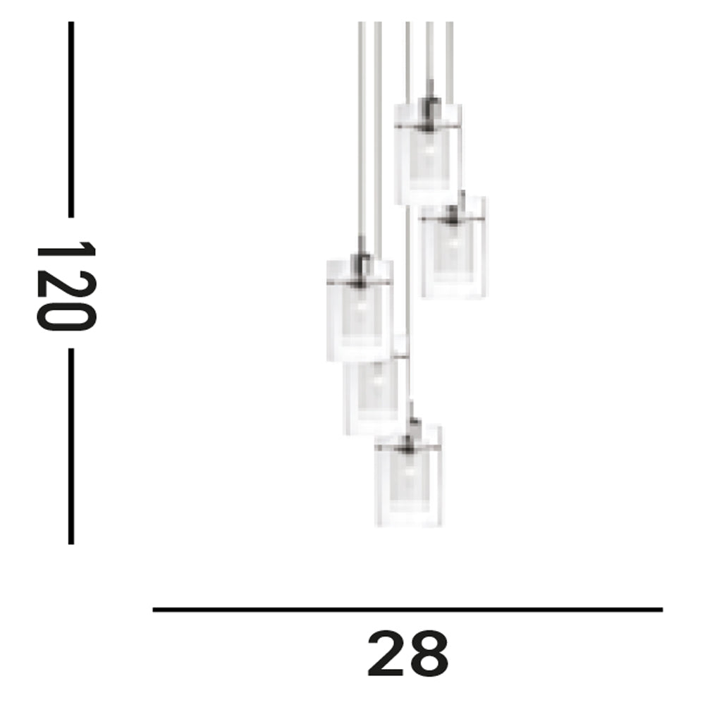 Lampadario Contemporaneo Duo 1 Acciaio Argento Vetro Cromo 5 Luci E14