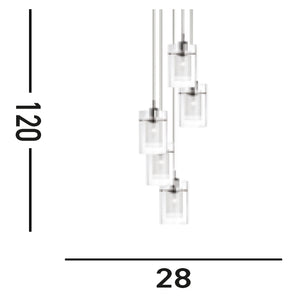 Lampadario Contemporaneo Duo 1 Acciaio Argento Vetro Cromo 5 Luci E14