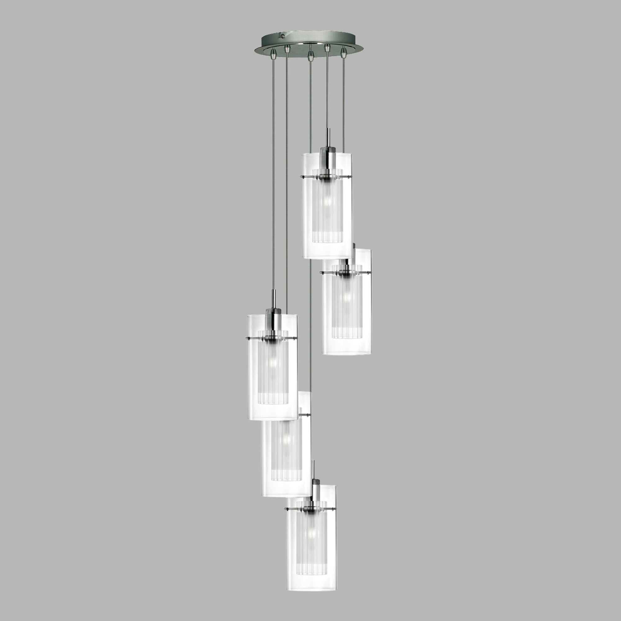 Lampadario Contemporaneo Duo 1 Acciaio Argento Vetro Cromo 5 Luci E14