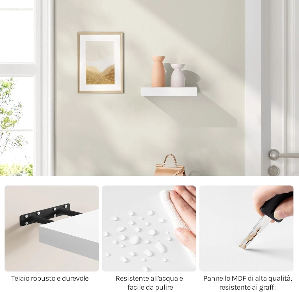 Mensola da Muro Rettangolare Scaffale Libreria a Parete Decorazione per Cameretta Ufficio Porta CD/Dvd in Legno Bianco 25cm RG9365ws