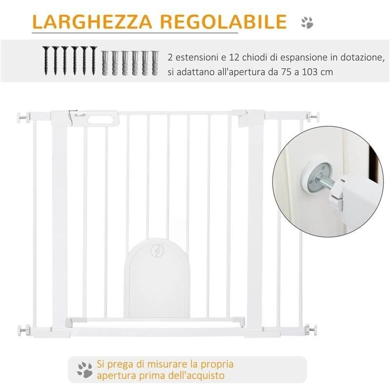 CANCELLINO PER CANI REGOLABILE CON PORTA PICCOLA E CHIUSURA AUTOMATICA, 75-103X76CM, BIANCO