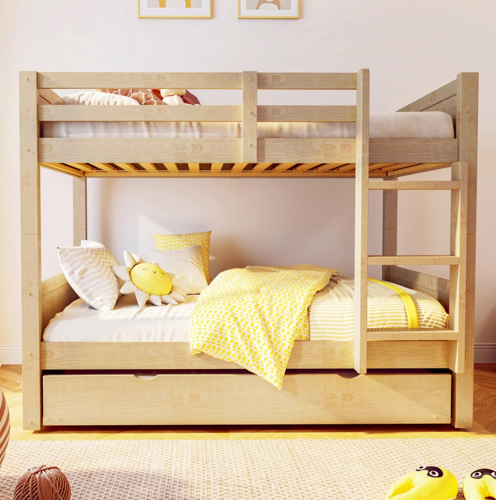 Letto a castello 90x200 cm con letto estraibile e sponde di sicurezza in legno colore naturale