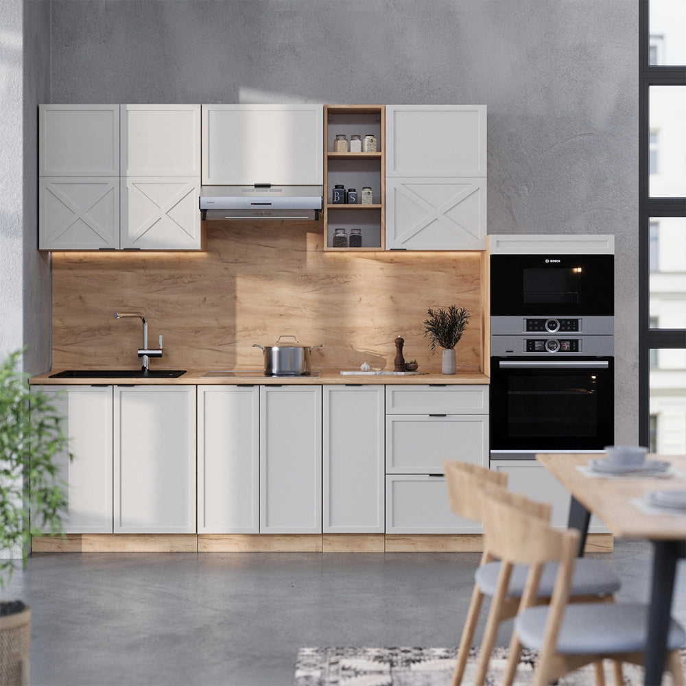 Cucina componibile Fame-Line GrigioBeige/Rovere dorato 280 cm, PL Marmo Vicco