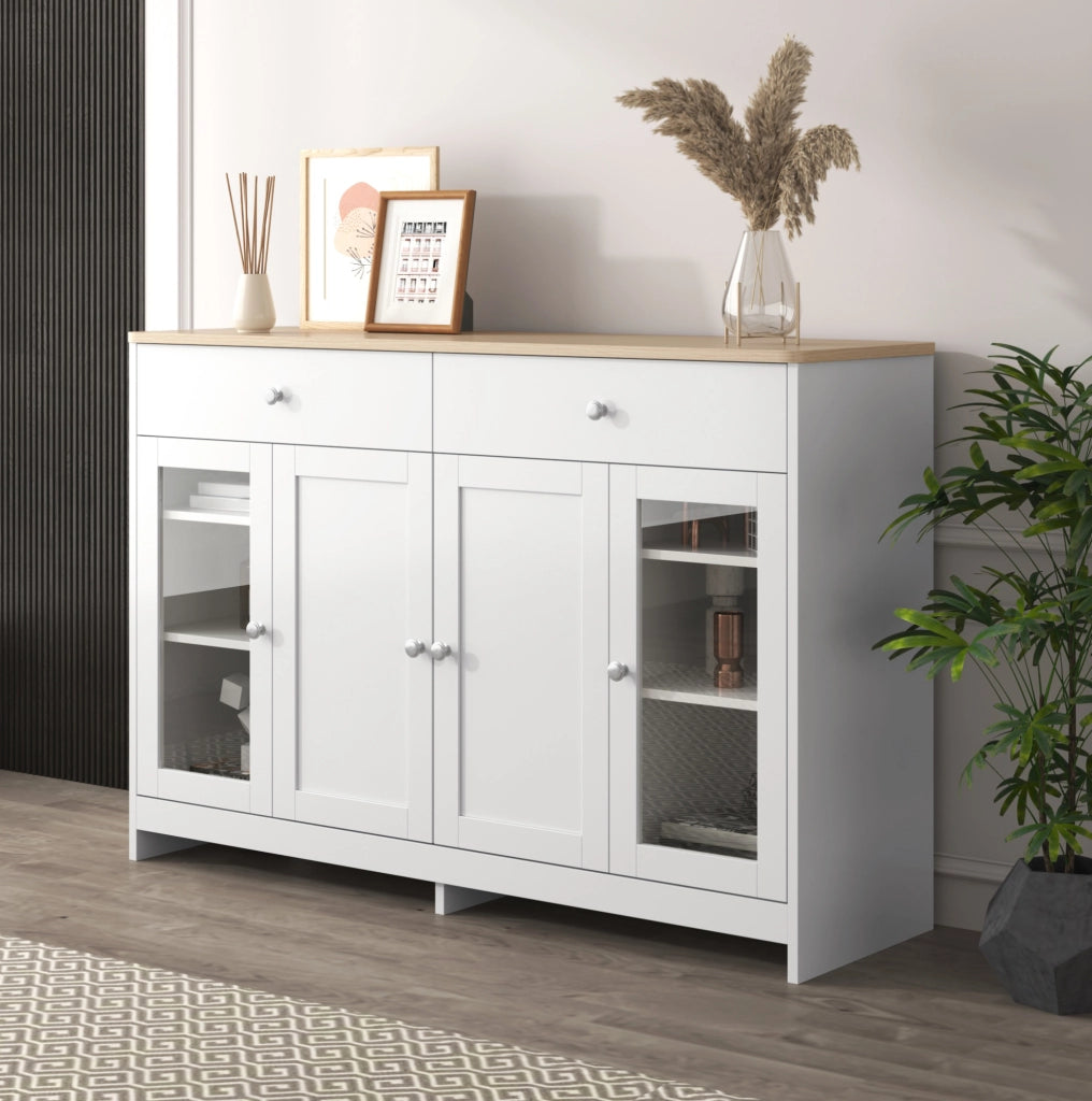 Credenza 120x37x80 cm con 4 ante; 2 cassetti e ripiani regolabili; MDF bianco