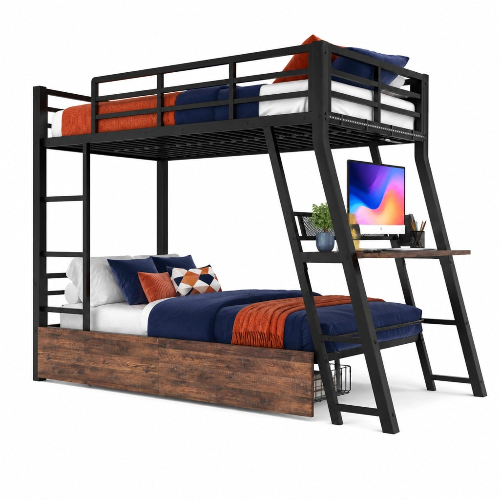 Letto a soppalco 90x200 cm con LED, cassetti e scrivania