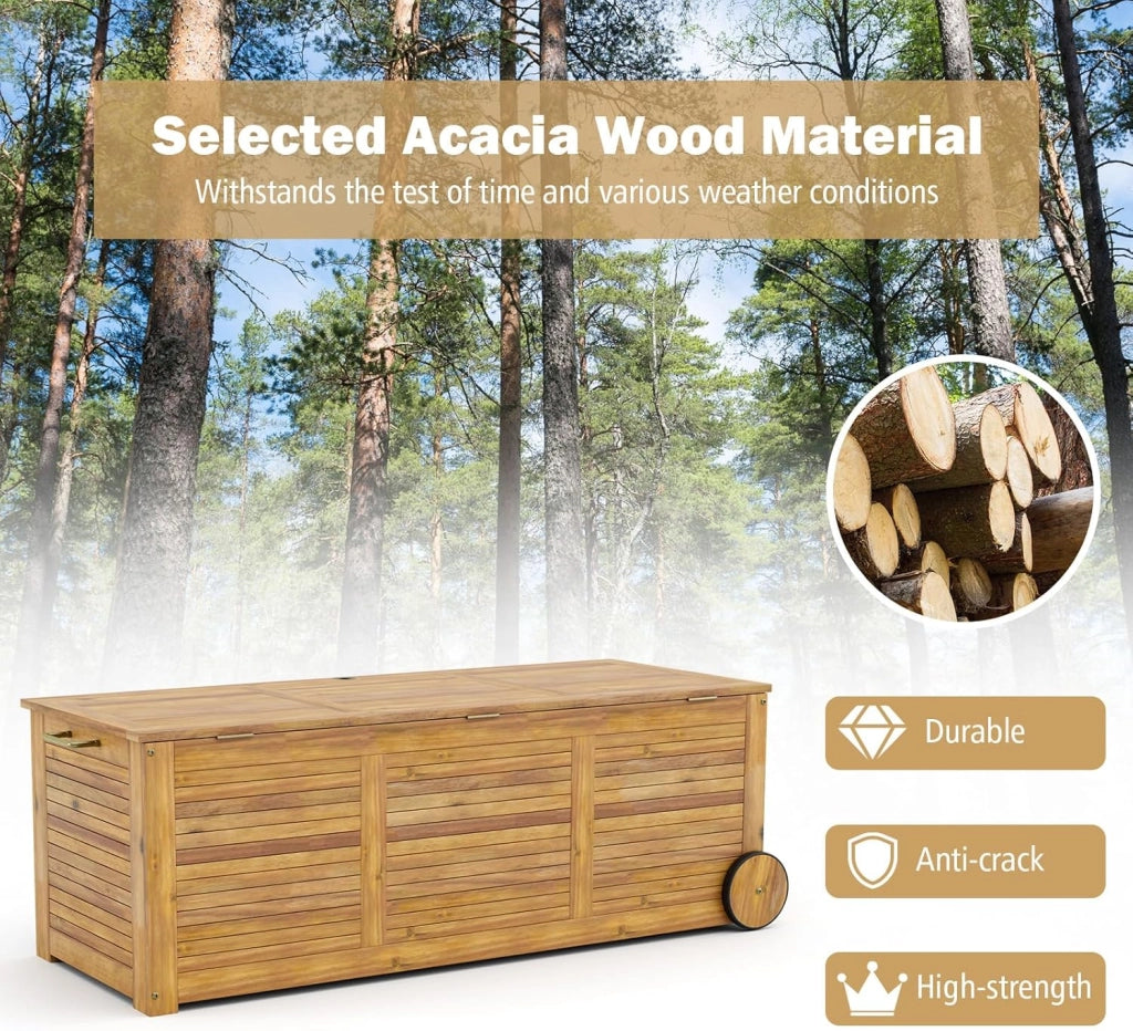 Contenitore per cuscini in legno di acacia, 182 l, con ruote, con tasca interna, cassapanca da giardino con manico, 127 x 50 x 45 cm