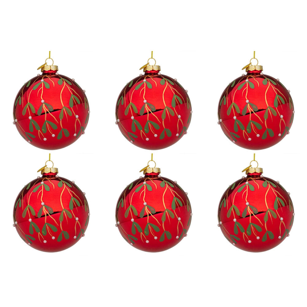 Palline di Natale in Vetro Rosse con Decorazione Verde Blade Diametro: 80 mm
