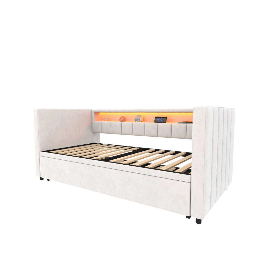 Divano letto estraibile 90x190 cm beige in velluto con LED