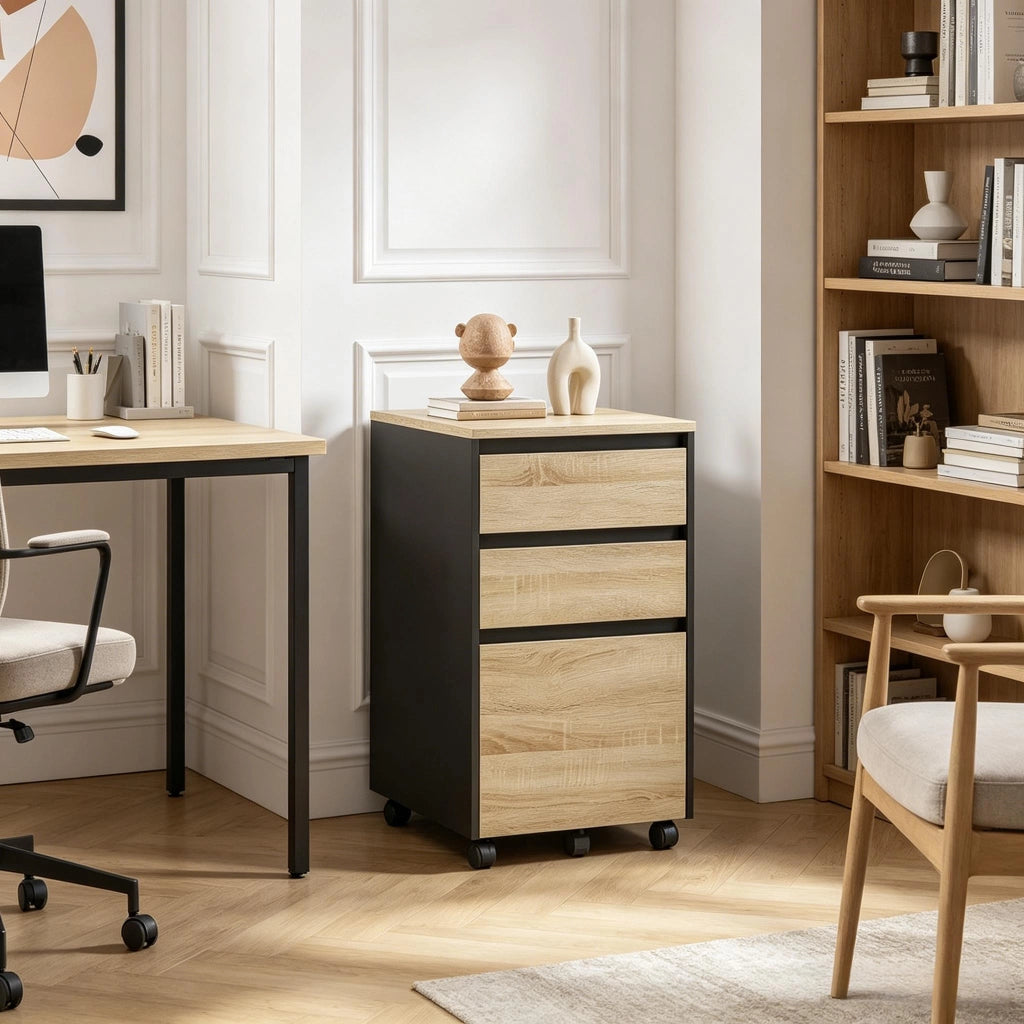 Mobile archivio con ruote, 1 vassoio e 3 cassetti, 40x40x70 cm, nero e rovere chiaro