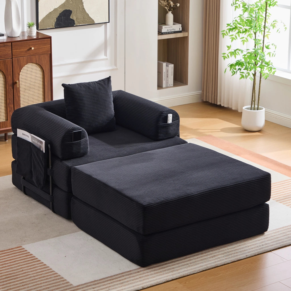 Divano modulare con pouf e tasca laterale; 112x190x67 cm; velluto a coste nero