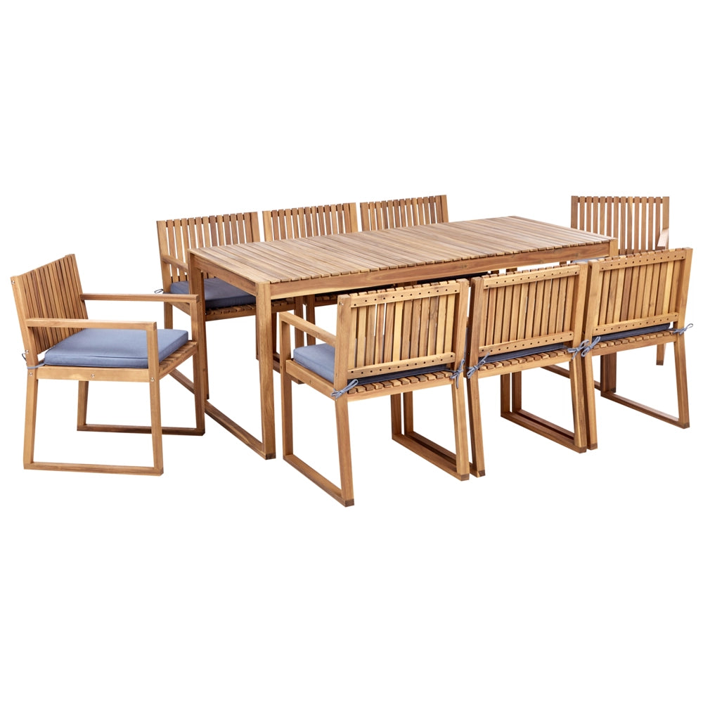 Set da Giardino Legno di Acacia chiaro con Tavolo e 8 Sedie con Cuscini blu giardino terrazzo