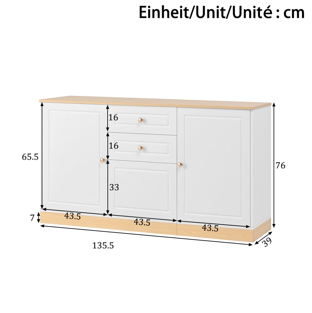 Credenza bianca effetto legno con ante e cassetti 135,5 cm