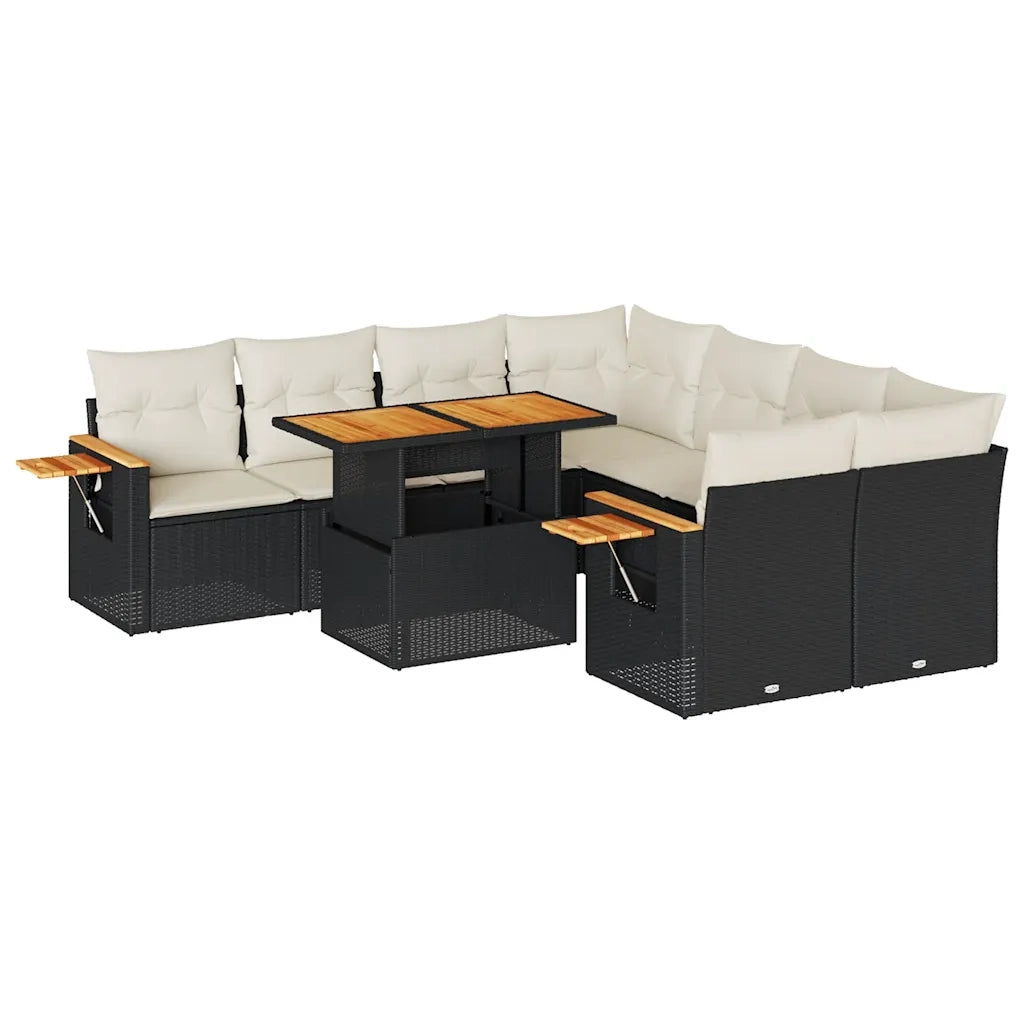 Set Divani da Giardino 9 pz con Cuscini Nero Polyrattan Acacia