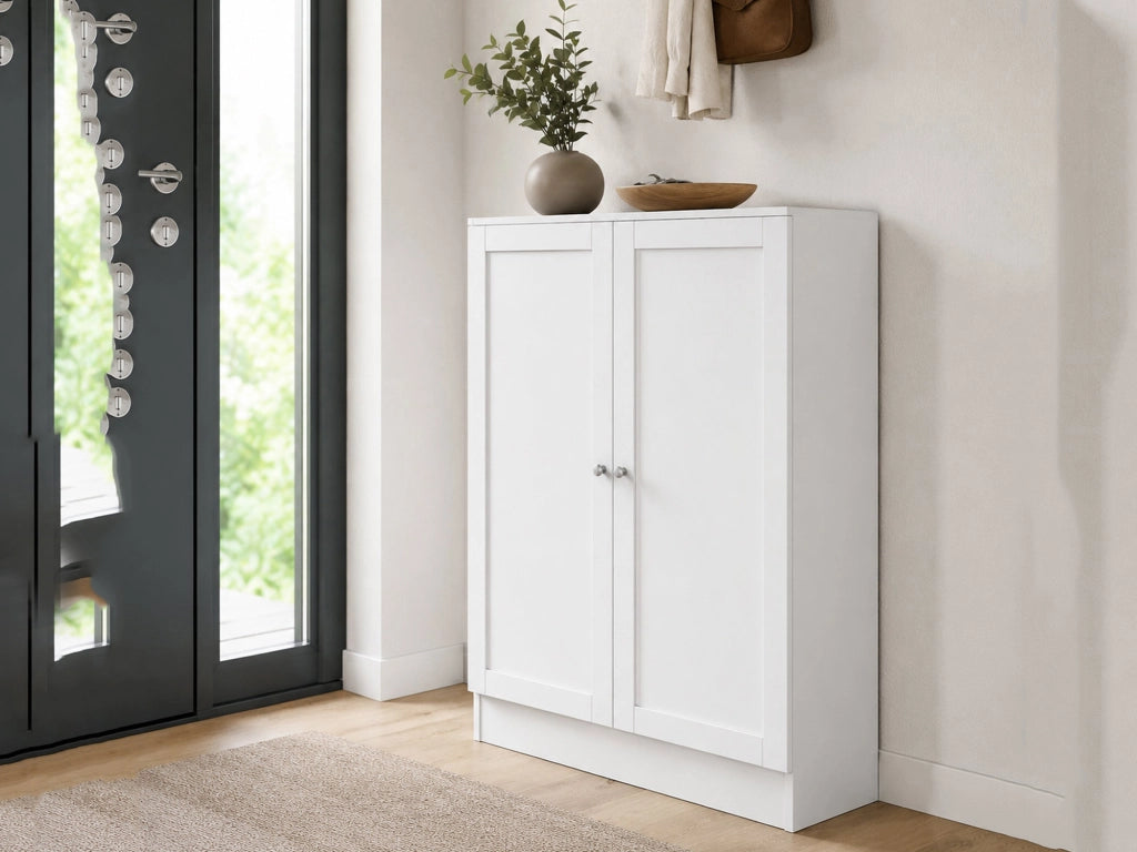 Scarpiera Sanba, Mobile portascarpe, Armadio da ingresso multiuso, Mobiletto per calzature, 79x28 h107 cm, Bianco