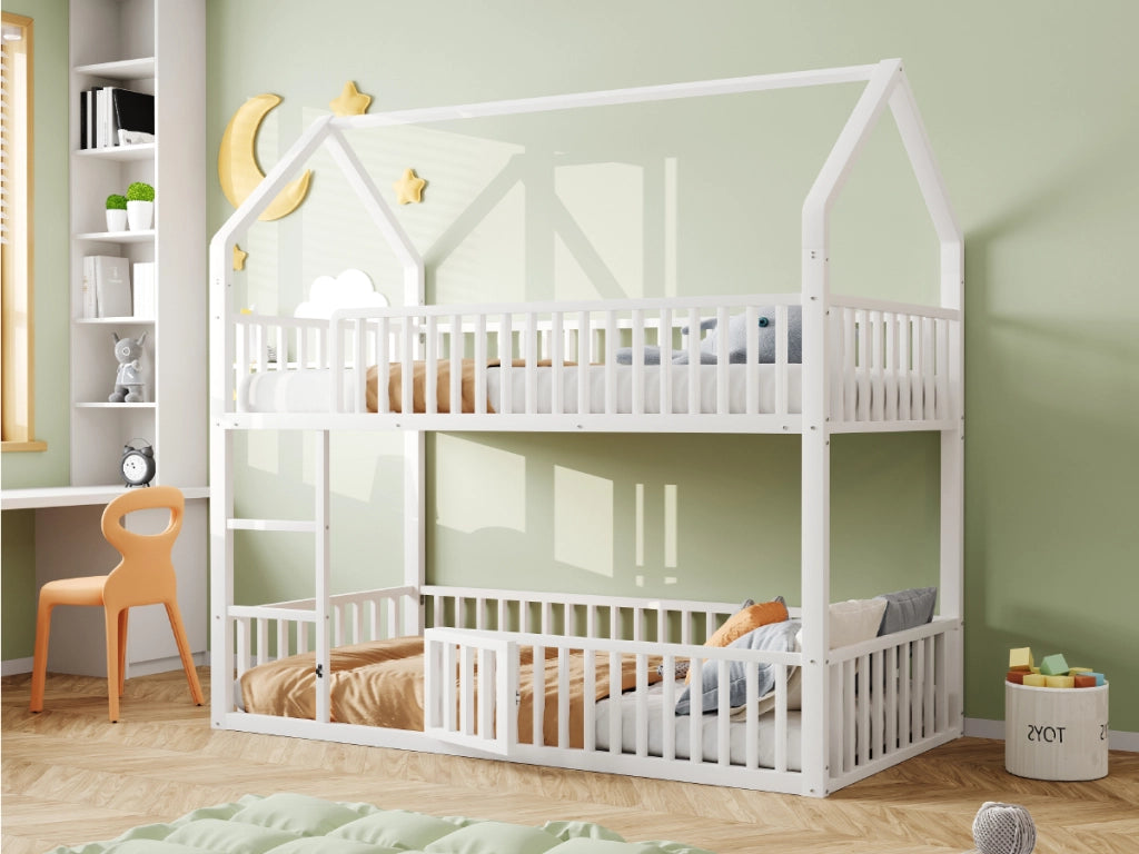 DESMIU Letto a castello bambino 90 × 200 cm 2 posti con porta apribile e scala frontale, senza materasso, in metallo, bianco
