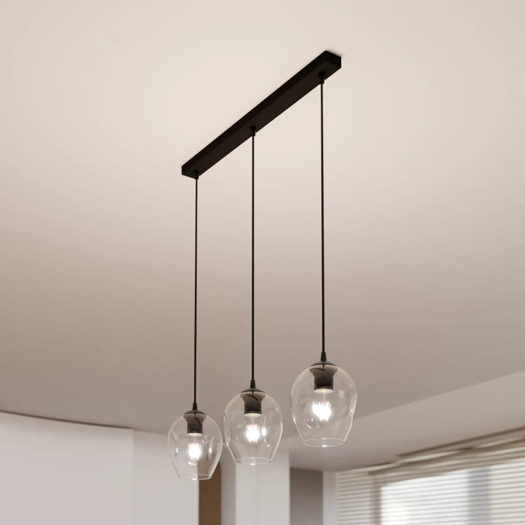 Lampadario 3 Luci Fuxi In Acciaio Nero E Vetri Trasparente