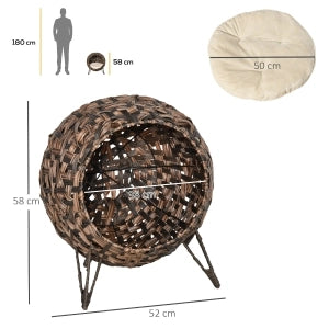 Cuccia per gatti in rattan PE con cuscino, base rialzata, marrone, 54 x 46 x 59 cm