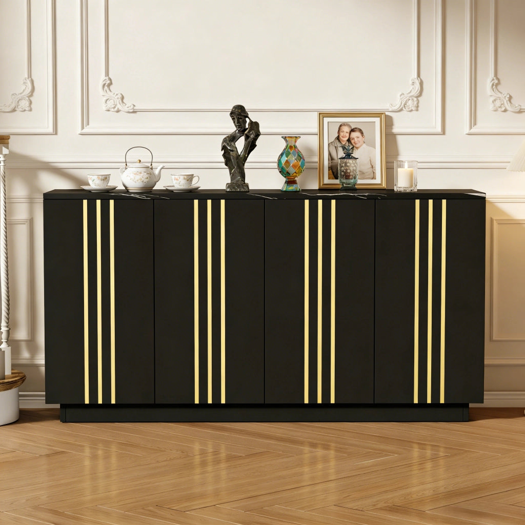 Sideboard da soggiorno con 4 ante, 35 x 140 x 70 cm, nero e oro, in pannello truciolare, con vani interni separati