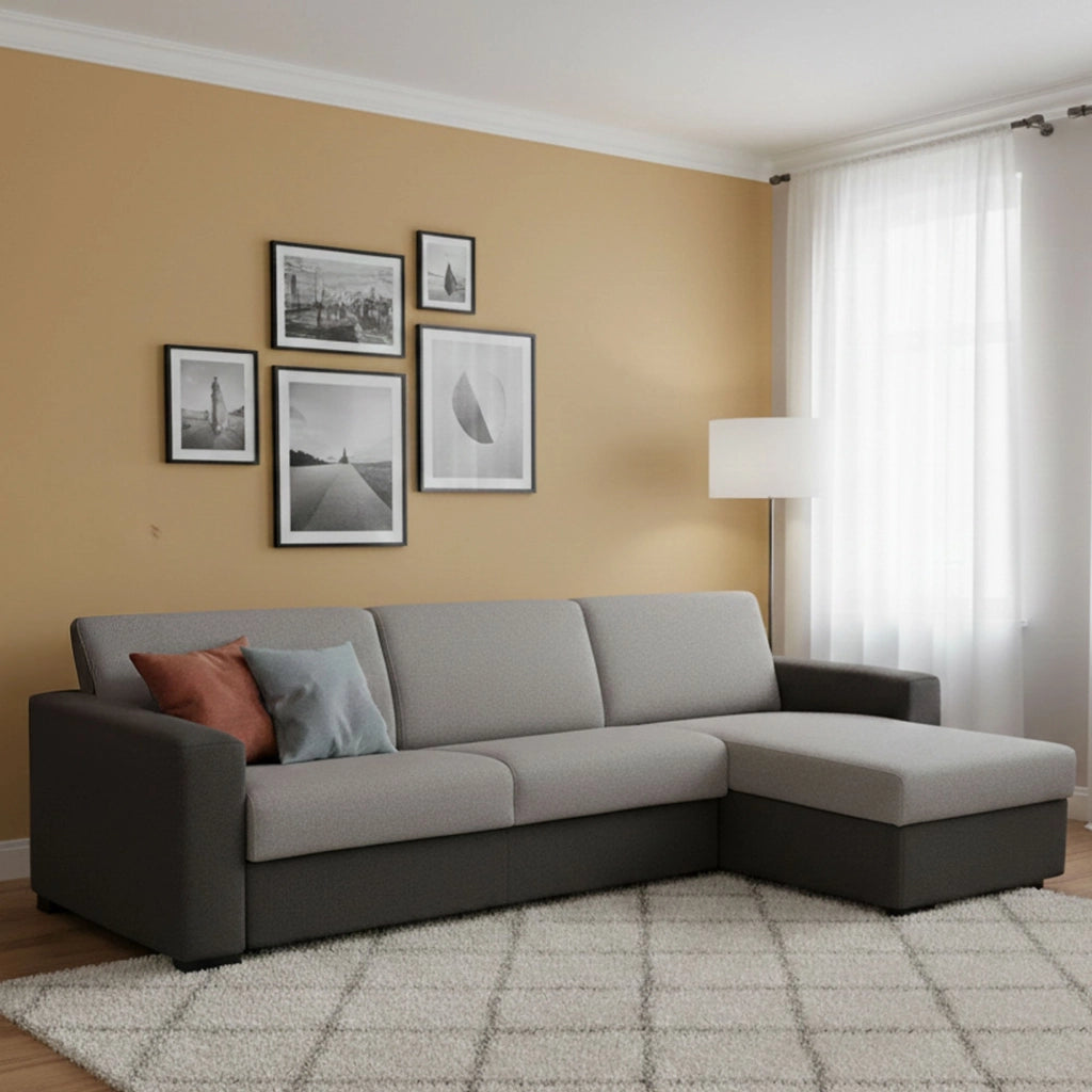 Divano Letto Allegria, Divano ad angolo, Made in Italy, SofÒ  con apertura girevole, con Penisola contenitore reversibile, con Braccioli slim, cm 260x95h90, Grigio e Antracite