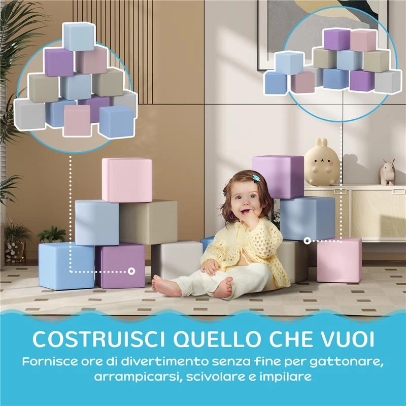 SET 12 CUBI GIOCATTOLO MORBIDI PER BAMBINI 12-36 MESI IN PU ED EPE 20X20X20 CM MULTICOLORE