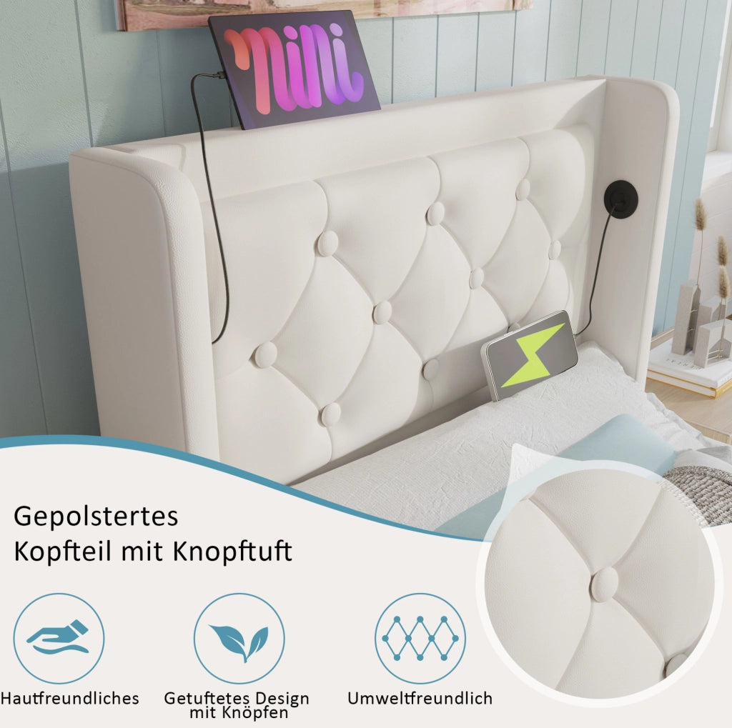Letto singolo contenitore 90x200 cm bianco in PU con LED e materasso
