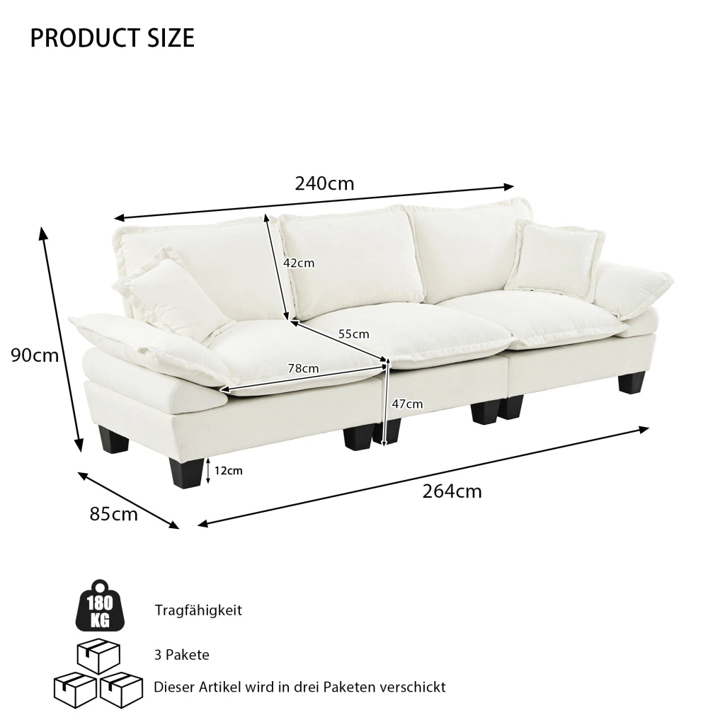 Divano modulare 3 posti con braccioli rimovibili e schienale imbottito in chenille beige