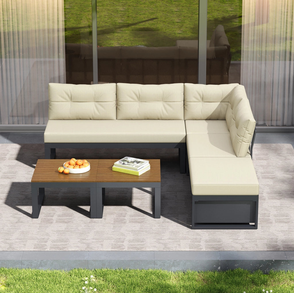 Set divano da giardino modulare beige con contenitore e schienale reclinabile