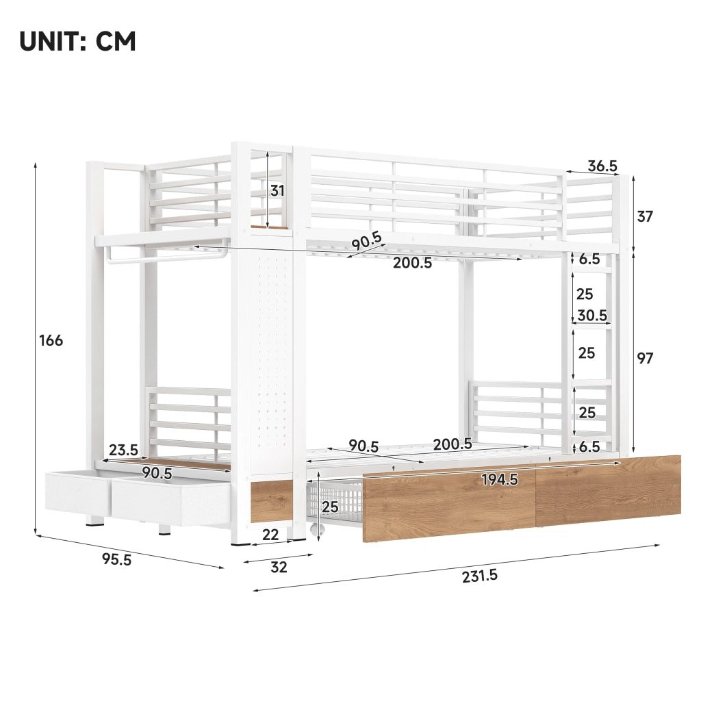 Letto a castello 90 × 200 cm con 2 cassetti, LED e appendiabiti, senza materasso, in MDF e metallo, bianco