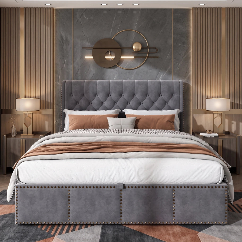 Letto matrimoniale contenitore 160x200 cm con testiera imbottita vano contenitore idraulico rete a doghe e borchie in velluto-grigio