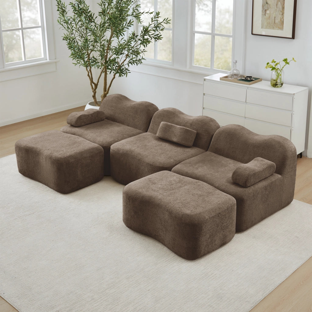 Divano modulare angolare a U con 2 pouf; imbottitura in schiuma 32D; velluto marrone