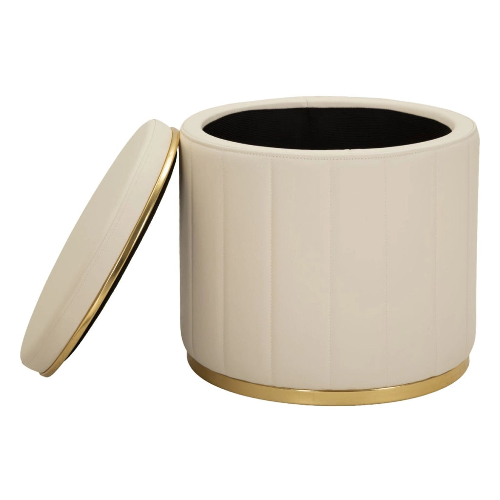 Pouf contenitore London crema con base in metallo oro