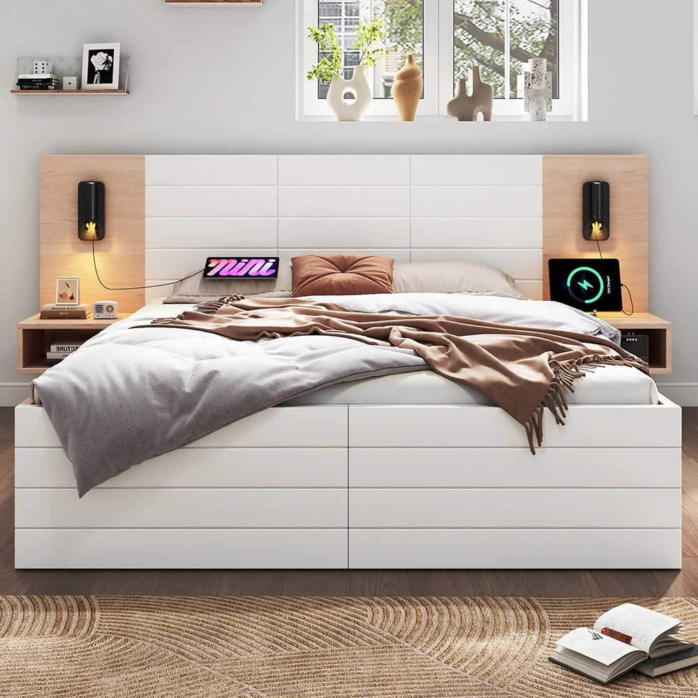 Letto con contenitore - Xylo - 160x200 cm - Bianco - 2 comodini 2 cassetti luce lettura USB