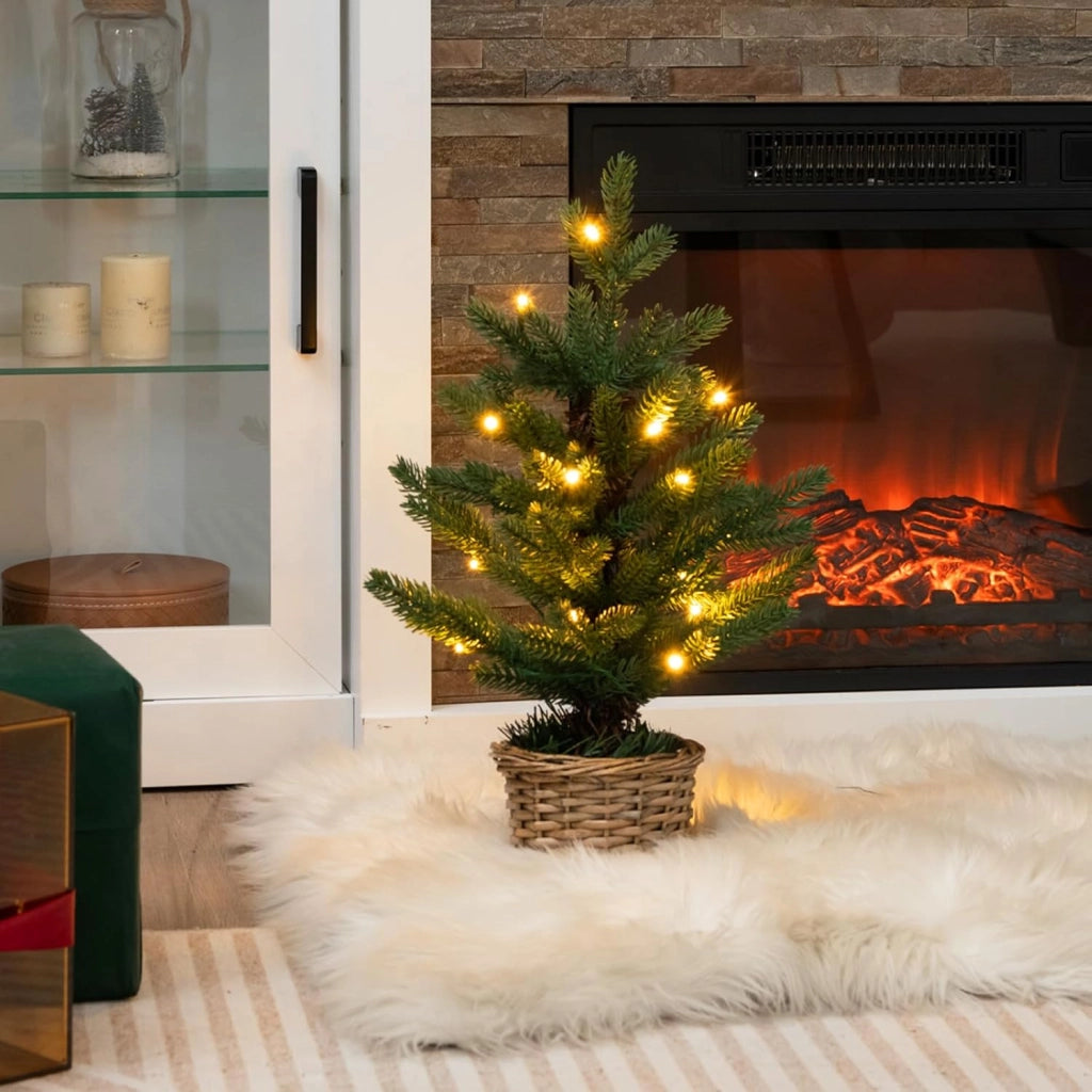 Mini Albero di Natale Artificiale Pre-illuminato, Albero di Natale Piccolo da Tavolo con 96 Rametti, 20 Luci LED Bianche Calde, Timer, Vaso in Legno di Salice