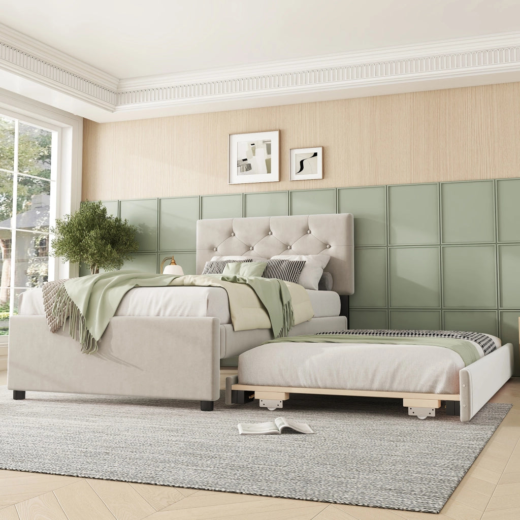 OKWISH Letto Bambino 90×200 cm, Letto Singolo con Letto Estraibile, Testiera Imbottita con Bottoni e Rivestimento Morbido, senza Materasso, Beige