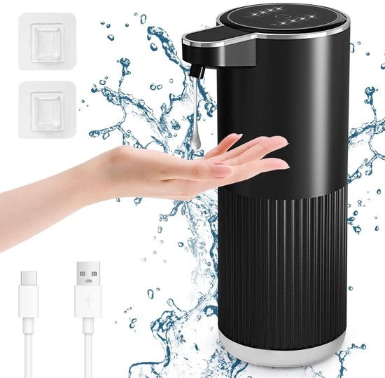 Dispensatore di sapone automatico da parete, 400 ml, riutilizzabile, 4 impostazioni di volume schiuma regolabili, indicatore livello batteria, per cucina, bagno, nero