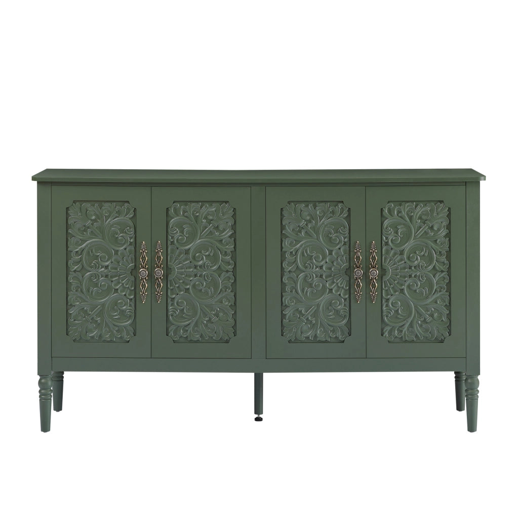 Credenza 160x40x89 cm con decori in rilievo e angoli arrotondati in truciolare; MDF e metallo verde