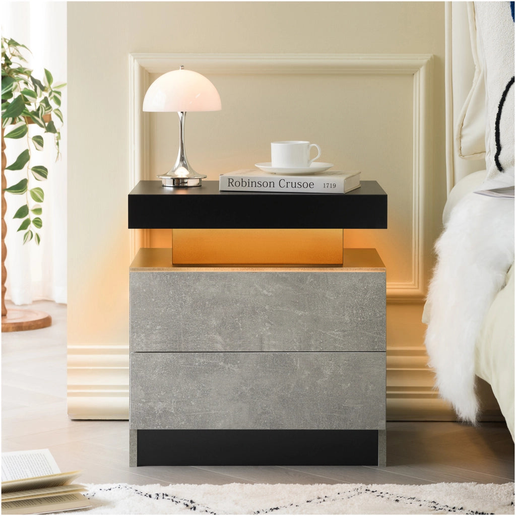 Comodino con LED multicolore, 2 cassetti e vano aperto, per camera da letto, in legno ingegnerizzato, grigio