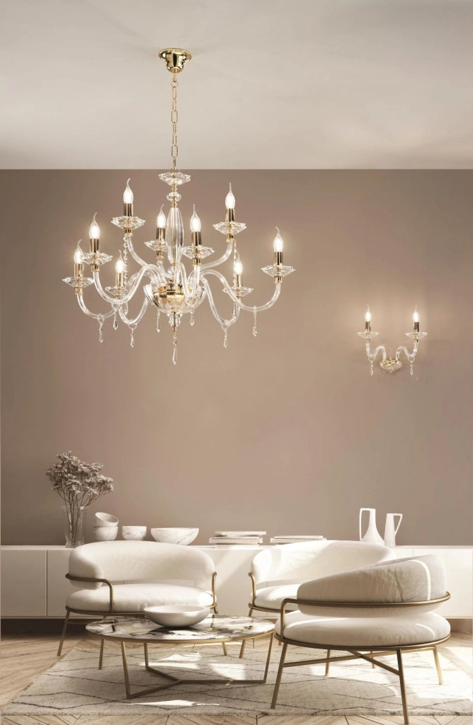 LAMPADARIO FIAMMA/9 CRISTALLO E ORO 9 LUCI ATTACCO E14 D.90CM