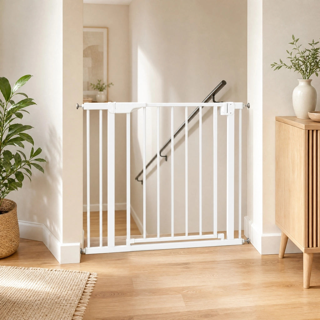 Cancelletto di sicurezza 76-89 x 76 cm con chiusura automatica in acciaio al carbonio bianco