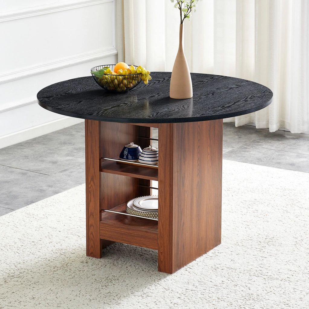 Tavolo da pranzo rotondo ULEVR ?100 cm con vani aperti, MDF noce e nero, altezza 76 cm