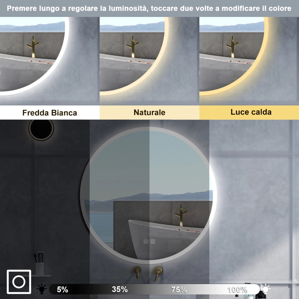 Specchio da bagno Rotondo con 80cm,3 colori,Memoria, Antifog,Regorabile,Retroilluminato,doppio interruttore,