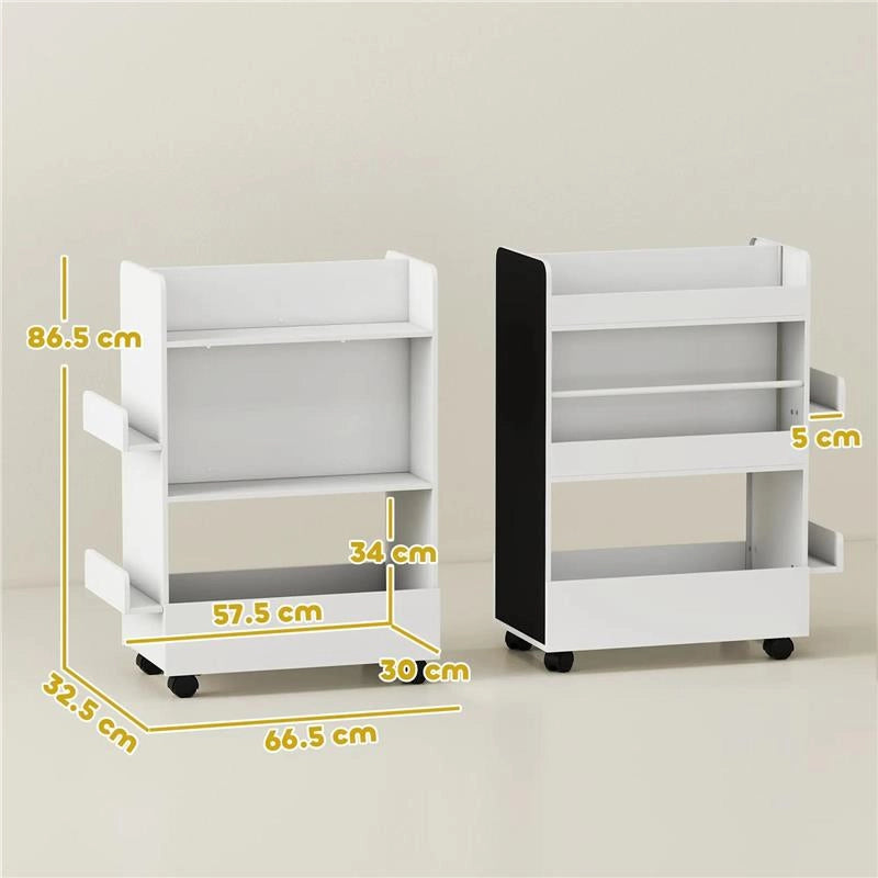 LIBRERIA PER BAMBINI 3-8 ANNI A DUE LATI, SCAFFALE PORTAGIOCHI CON RUOTE E LAVAGNA NERA, BIANCO 66.5 X 32.5 X 86.5 CM