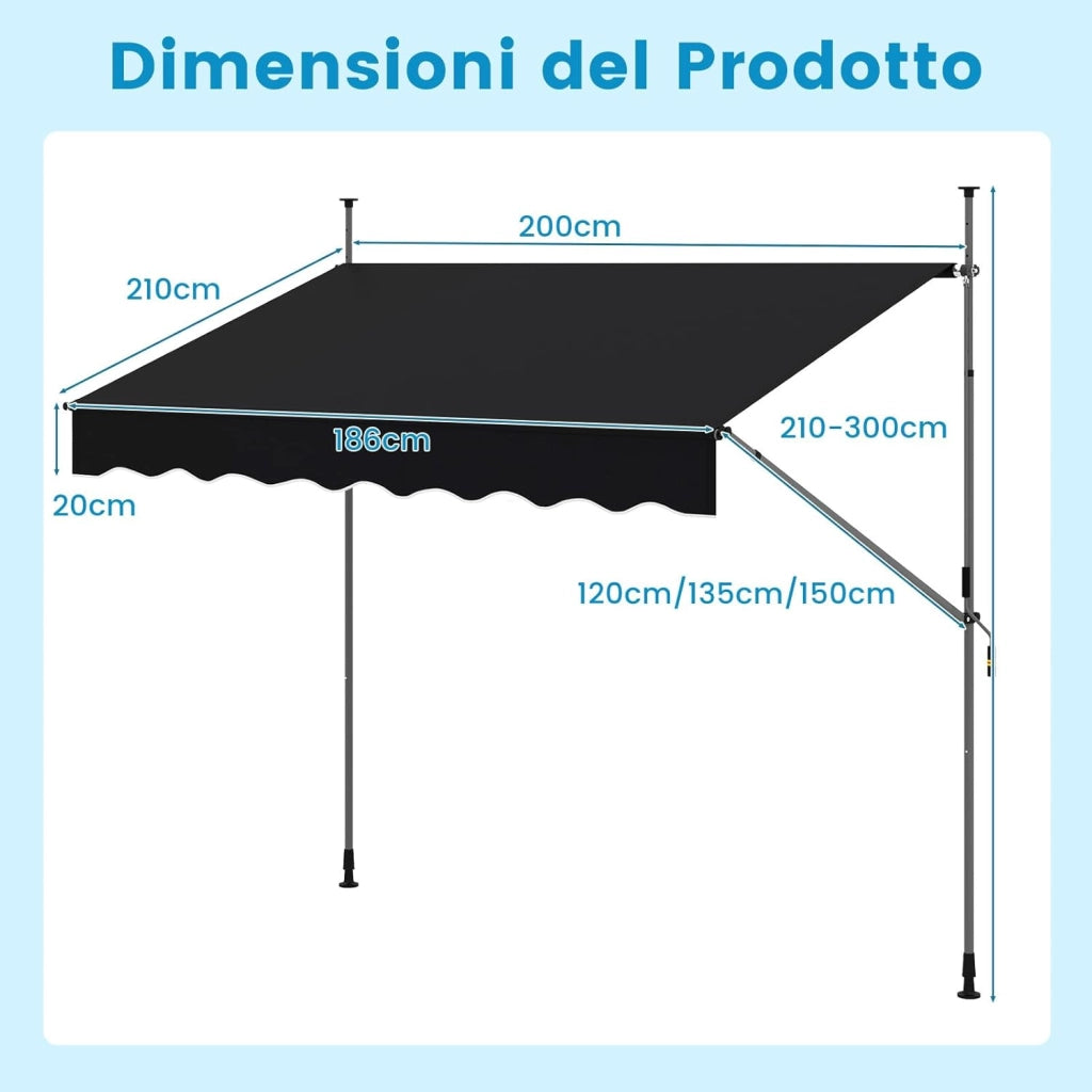 Tenda da Sole a Morsetto, Tenda per Balcone Senza Foratura Altezza e Inclinazione Regolabili con Manovella, Telo Impermeabile e Resistente ai Raggi Solari e Telaio Antiruggine (2M,Nero)